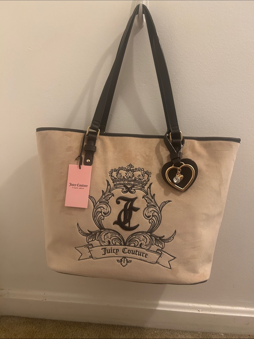 Juicy Couture Beige Tote with Dark Brown Accents and Heart Charm